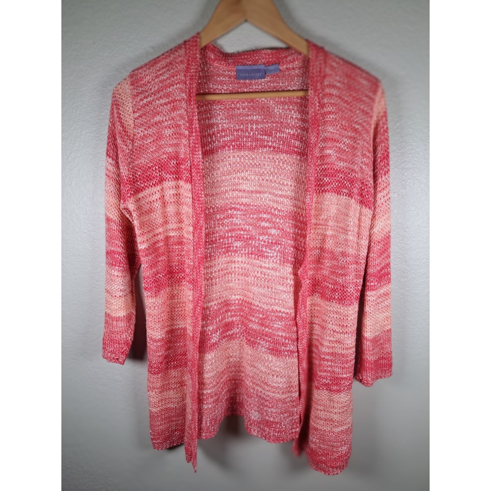 Laura Scott Womens Pink Orange Space Dye Open Front Cardigan Sweater S/C